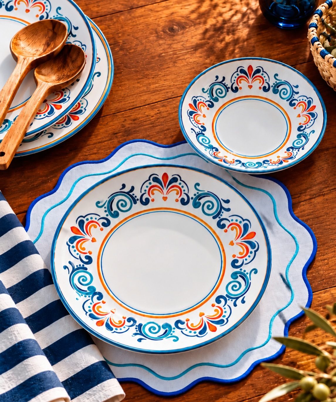 Mesa posta com pratos estampados e colheres de madeira